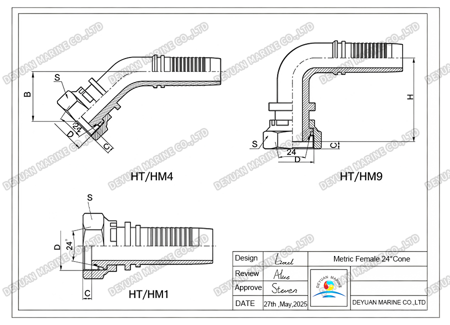 Metric Female 24°Cone -DEYUAN MARINE 5. Метрическая внутренняя резьба, конус 24° - DEYUAN MARINE 5.