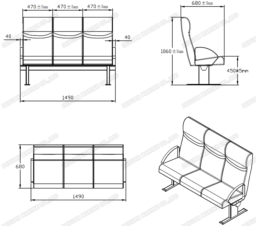 Трехместное морское пассажирское сиденье с подлокотниками с обеих сторон-DEYUAN MARINE 1