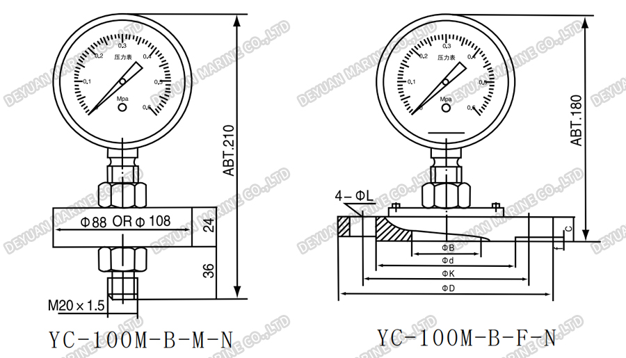 Манометр с мембранным уплотнением типа YC-M-DEYUAN MARINE3